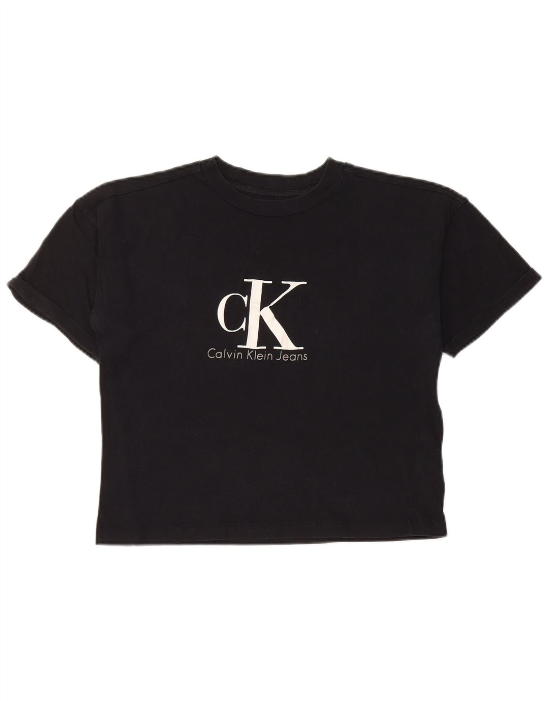 CALVIN KLEIN JEANS Womens Crop Graphic T-Shirt Top UK 6 XS Black Cotton