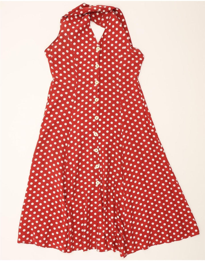 VINTAGE Womens Halter Swing Dress EU 38 Medium Burgundy Polka Dot Viscose