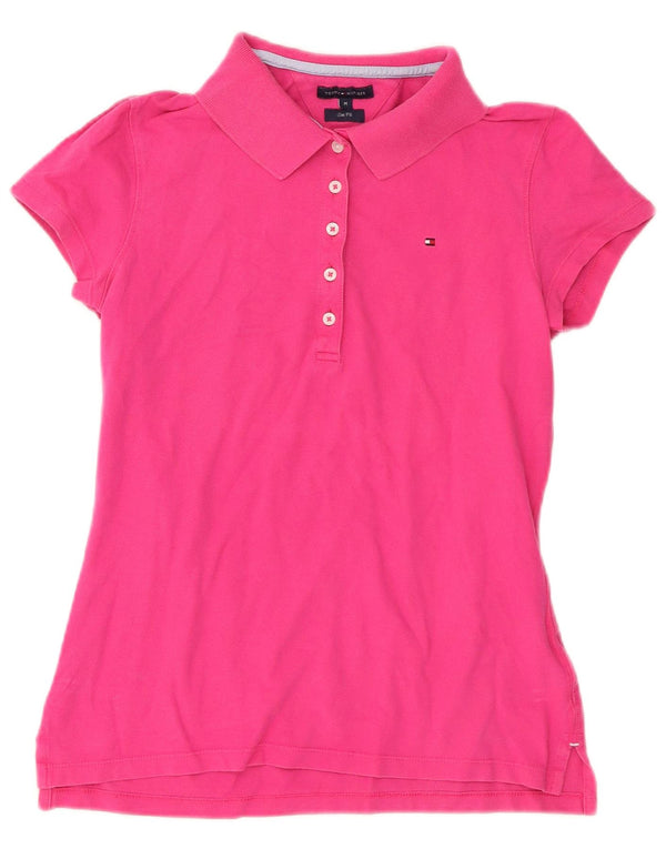 Tommy Hilfiger Womens Slim Fit Polo Shirt UK 12 Medium Pink Cotton