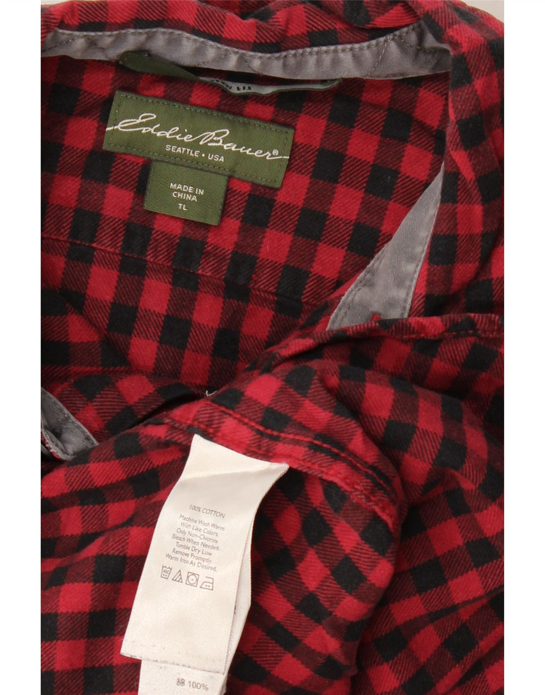 EDDIE BAUER Mens Tall Flannel Shirt Large Red Gingham Cotton