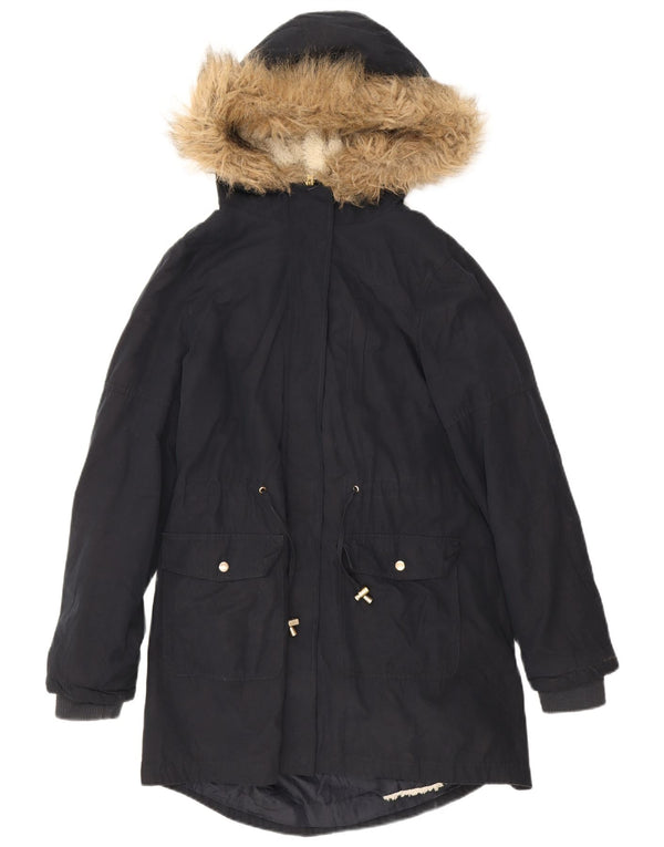 Oasis Womens Oversized Hooded Sherpa Parka Jacket UK 10 Small Navy Blue