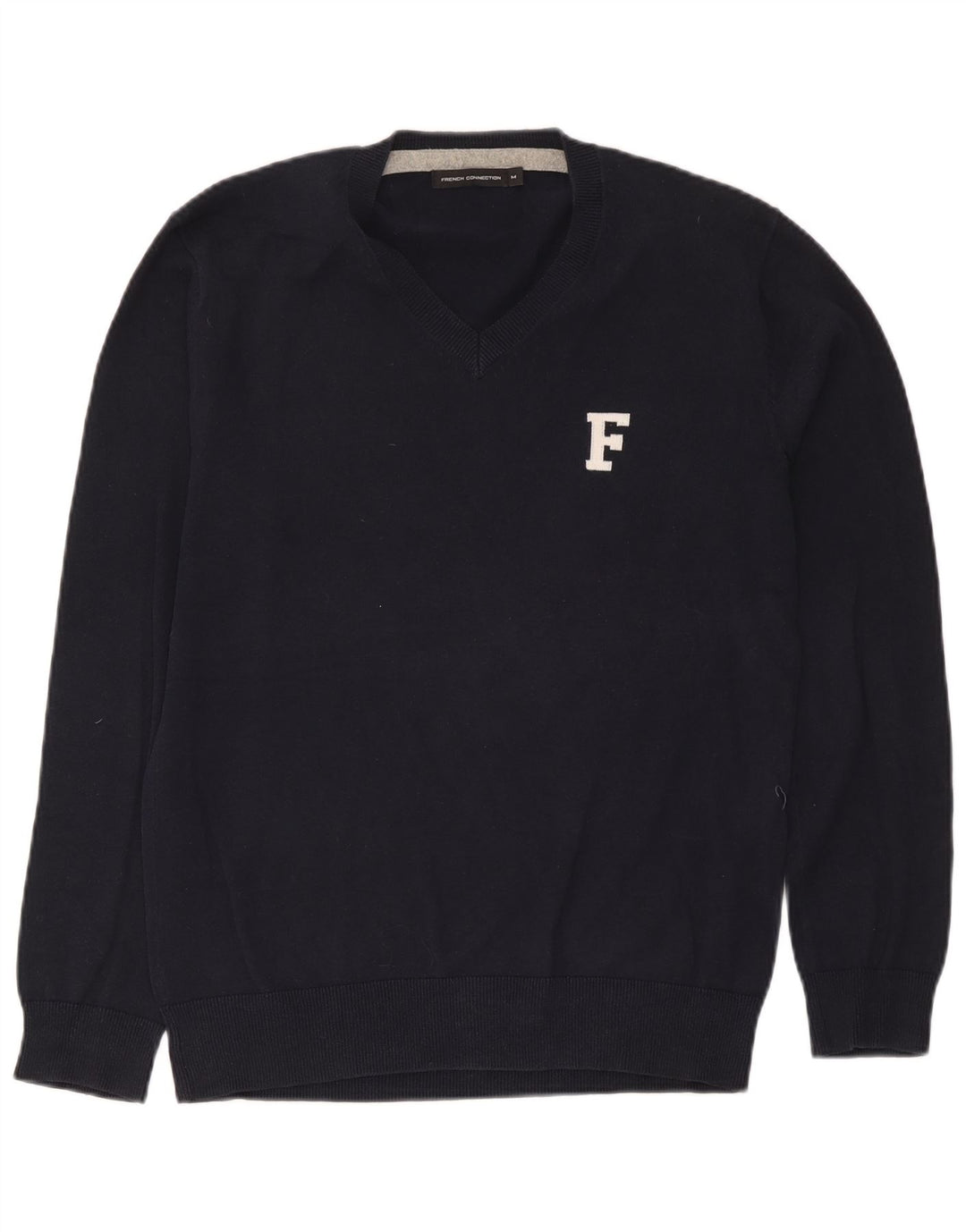 French Connection Mens V-Neck Jumper Sweater Medium Navy Blue Cotton