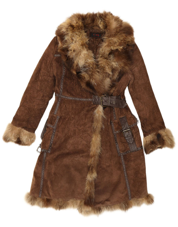 Rene Derhy Womens Suede Fur Overcoat UK 14 Medium Brown Leather