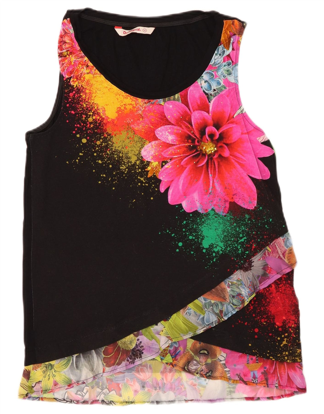 DESIGUAL Womens Graphic Sleeveless Blouse Top UK 12 Medium Black Floral