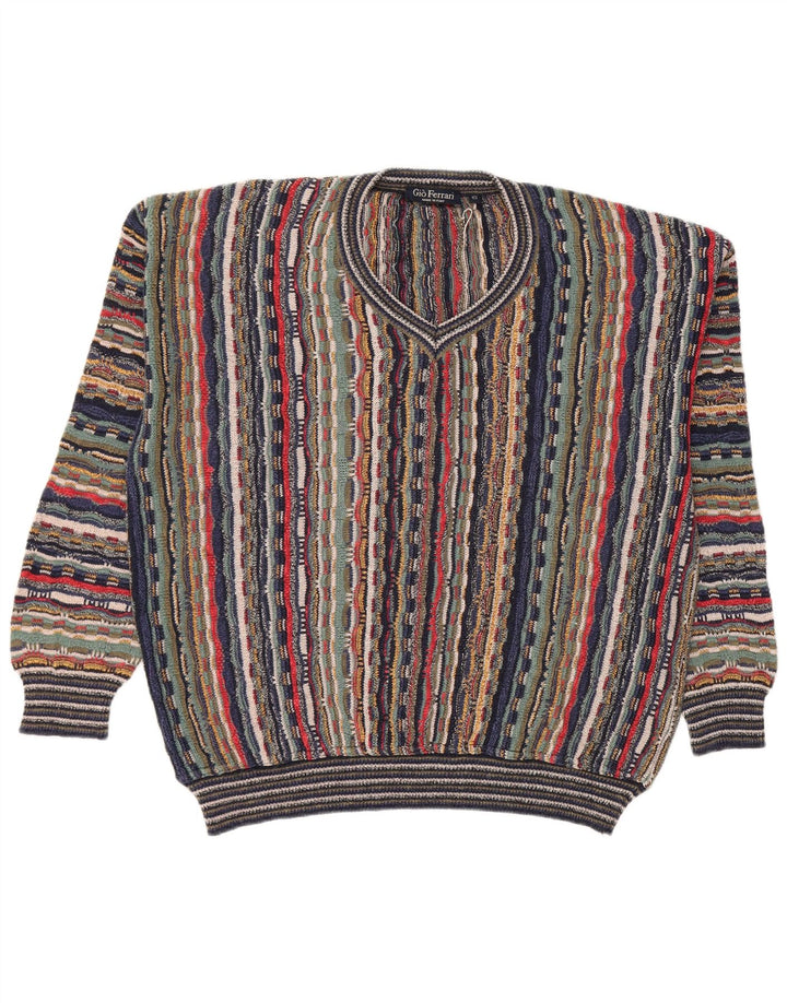 gio ferrari Mens V-Neck Jumper Sweater IT 54 XL Multicoloured Striped