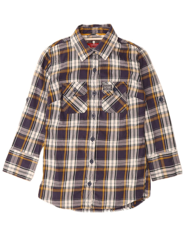 SUPERDRY Womens 3/4 Sleeve Flannel Shirt UK 10 Small Navy Blue Check