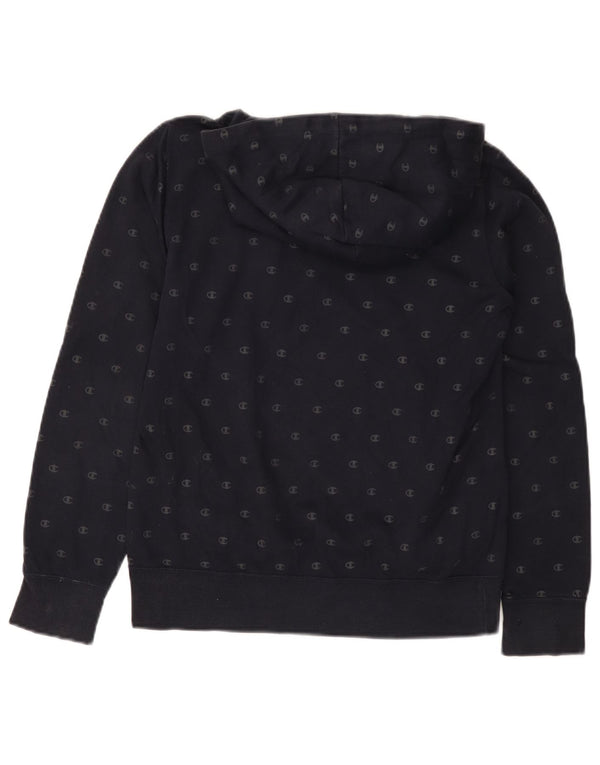 CHAMPION Womens Graphic Hoodie Jumper UK 12 Medium Navy Blue Cotton
