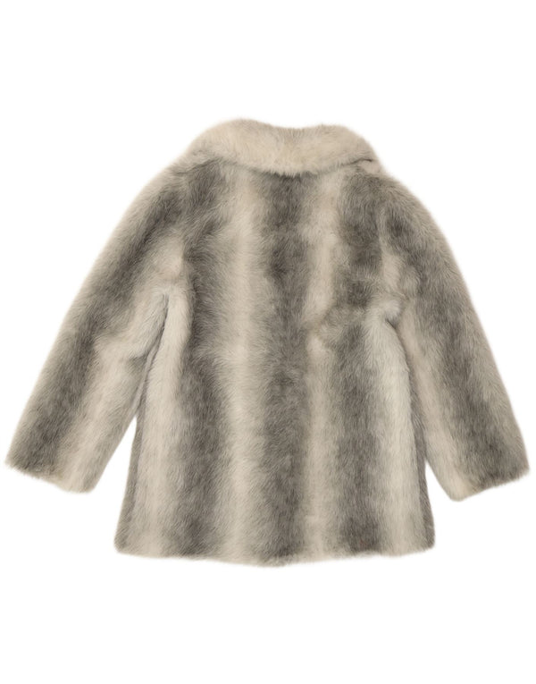 VINTAGE Womens Faux Fur Overcoat UK 12 Medium Silver Striped Modacryl