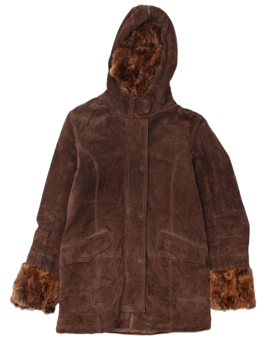 Conbipel Womens Hooded Suede Overcoat IT 44 Medium Brown Leather