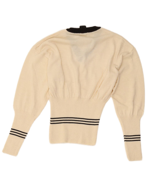 Vintage Womens V-Neck Jumper Sweater UK 8 Small Off White Striped Wool