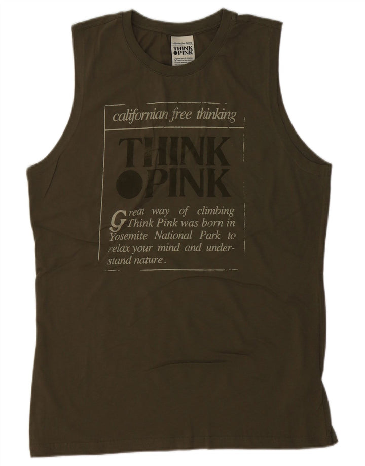 THINK PINK Mens Graphic Vest Top Large Khaki Cotton