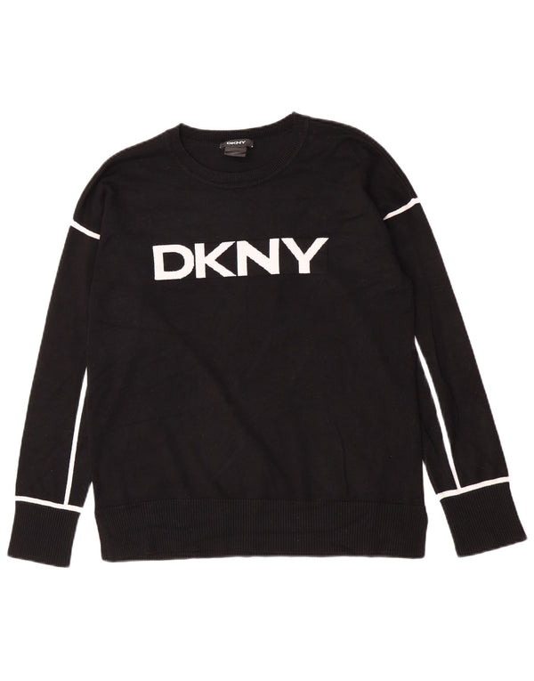 Dkny Womens Graphic Boat Neck Jumper Sweater UK 16 Large Black Viscose