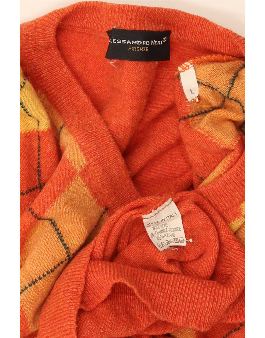 Vintage Mens V-Neck Jumper Sweater Large Orange Argyle/Diamond Wool