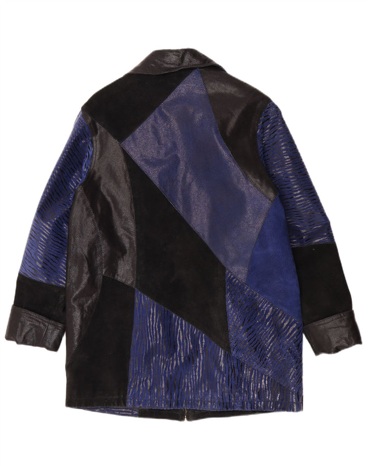 Vintage Womens Suede Overcoat UK 12 Medium Blue Colourblock Leather