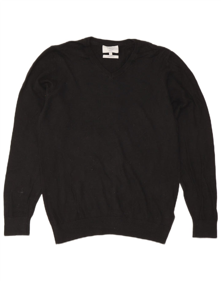 Marks & Spencer Mens Regular Fit V-Neck Jumper Sweater Small Black Cotton