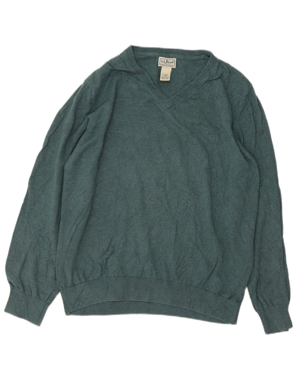 L.L.Bean Mens V-Neck Jumper Sweater Large Green Cotton