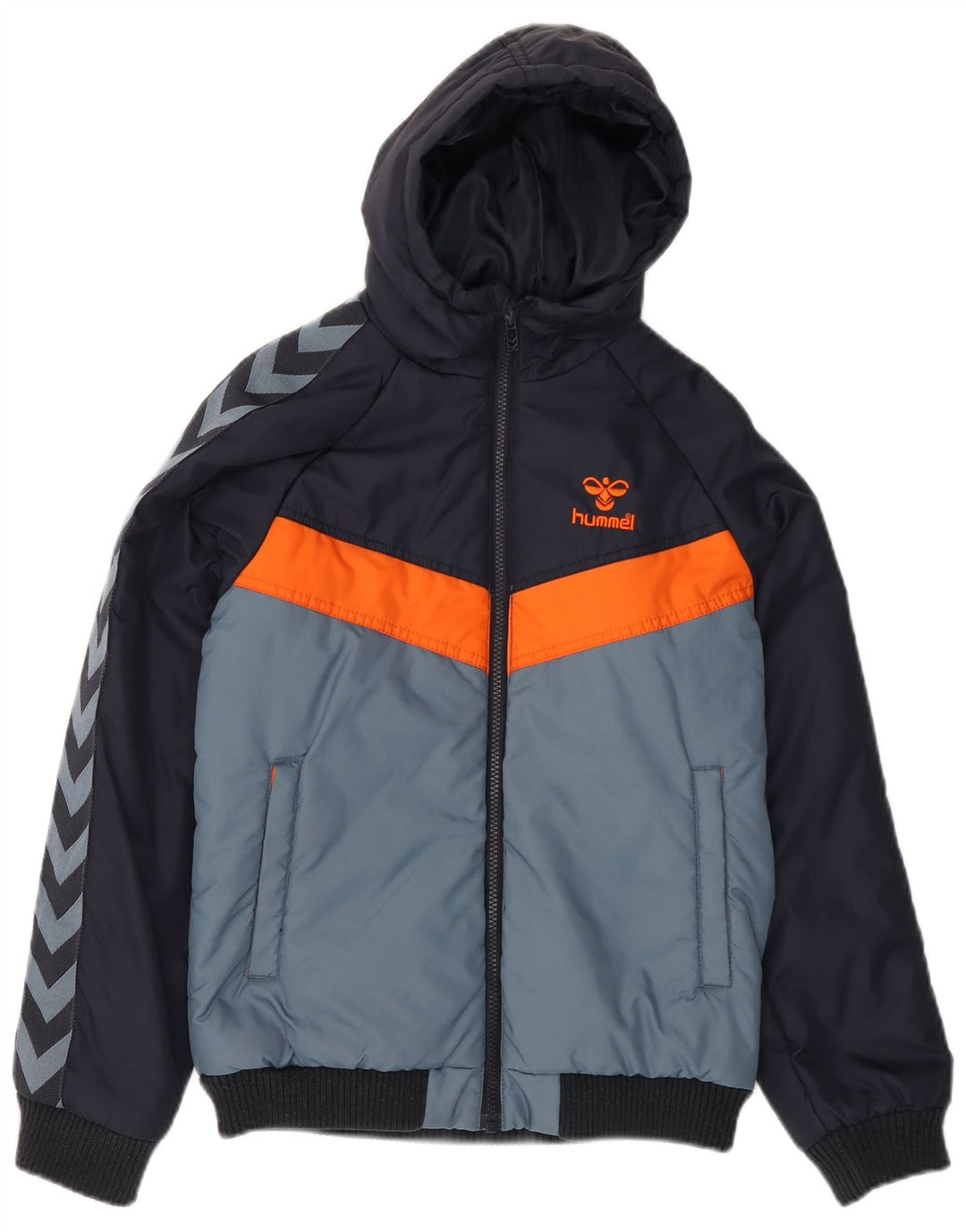 HUMMEL Boys Graphic Hooded Padded Jacket 11-12 Years Navy Blue Colourblock