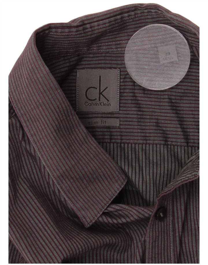 Calvin Klein Mens Slim Fit Shirt Size 39 15 1/2 Medium Grey Pinstripe