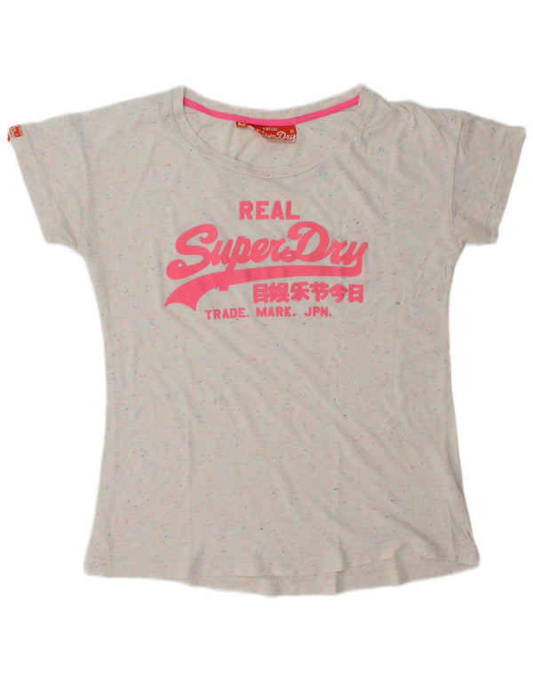 SUPERDRY Womens Graphic T-Shirt Top UK 14 Medium Off White Flecked Cotton
