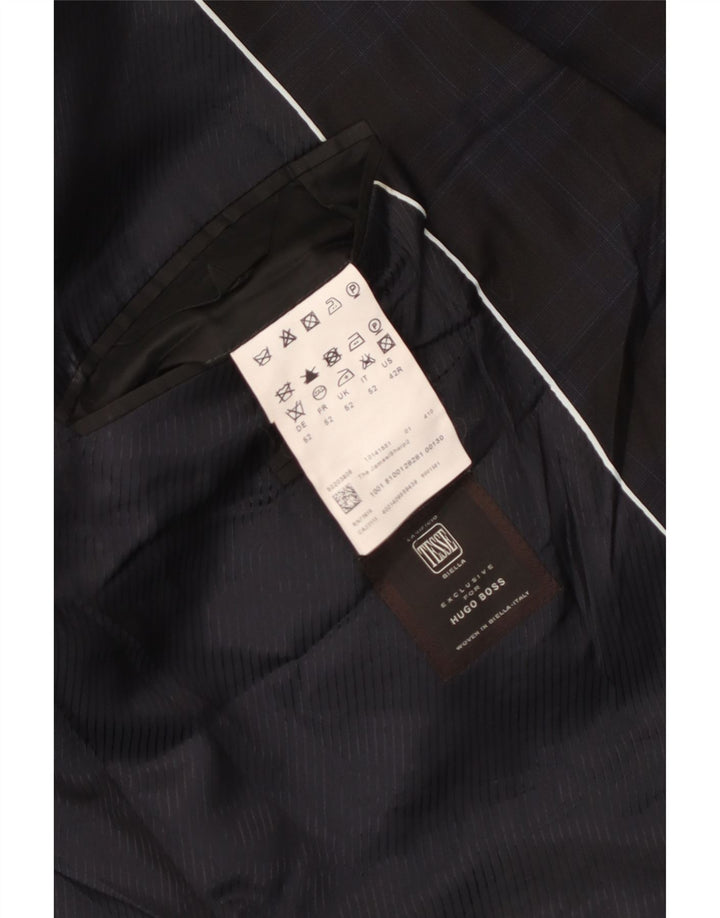 Hugo Boss Mens 2 Button Blazer Jacket EU 52 XL Navy Blue Check Virgin Wool
