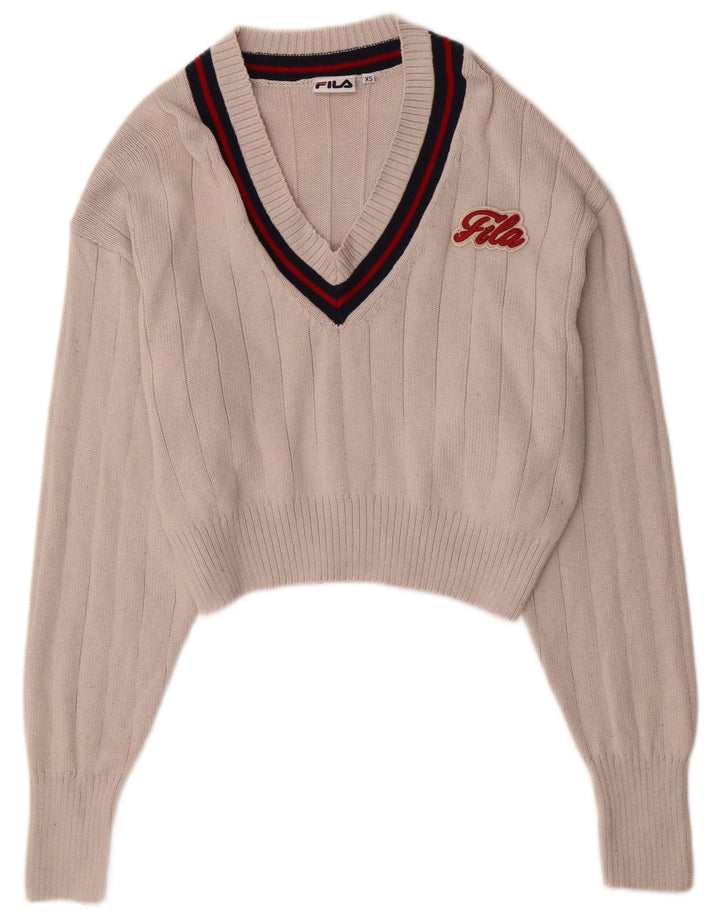 FILA Womens Oversized Crop V-Neck Jumper Sweater UK 6 XS Beige Cotton