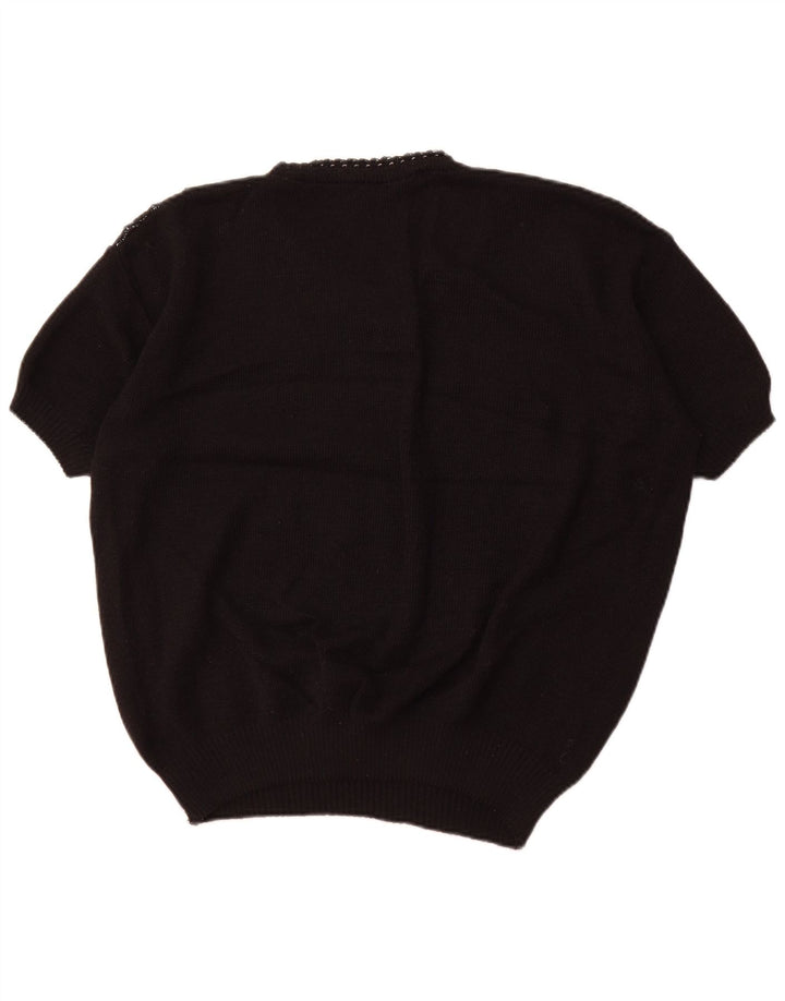 VINTAGE Womens Short Sleeve V-Neck Jumper Sweater UK 18 XL Black Striped