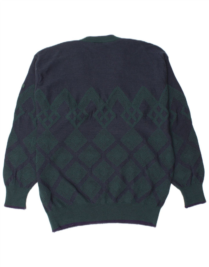 MARZ Mens V-Neck Jumper Sweater Small Navy Blue Argyle/Diamond New Wool
