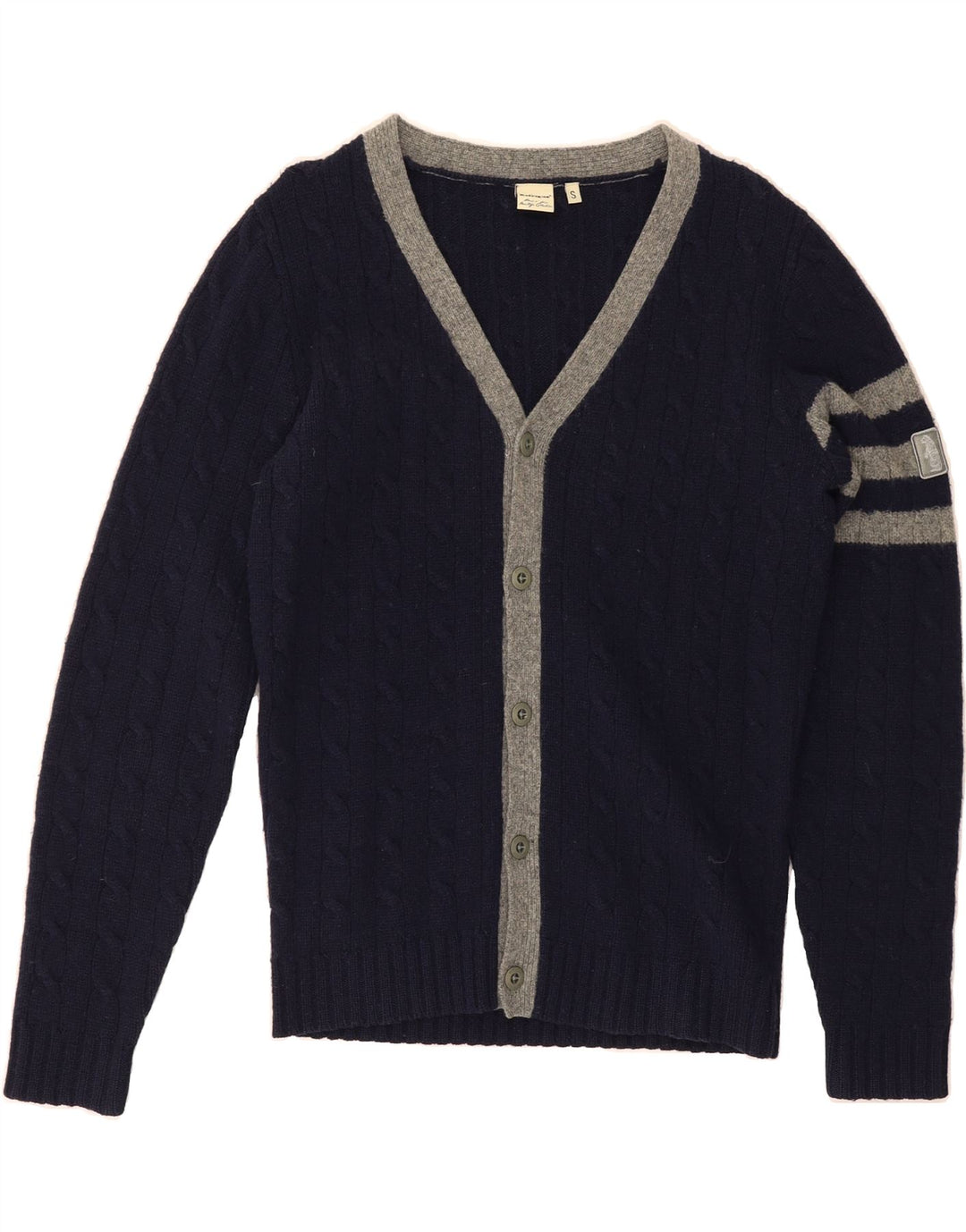 REFRIGUE Mens Cardigan Sweater Small Navy Blue Striped Lambswool