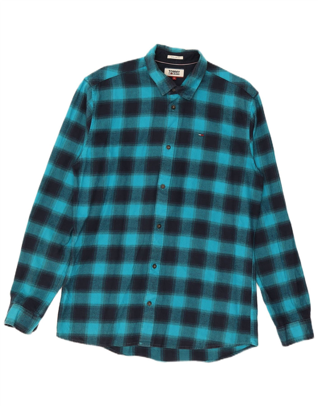 TOMMY HILFIGER Mens Regular Fit Flannel Shirt Medium Blue Check Cotton