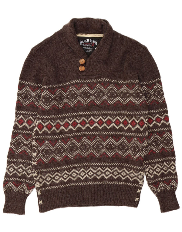 Tommy Hilfiger Mens Shawl Neck Jumper Sweater Medium Brown Fair Isle