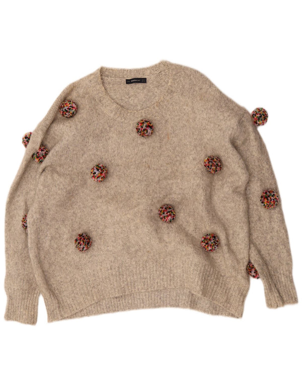 Zara Womens Oversized Boat Neck Jumper Sweater UK 10 Small Beige Flecked