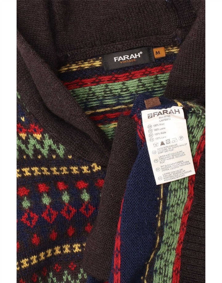 Farah Mens Full Zip Cardigan Sweater Medium Blue Fair Isle Wool