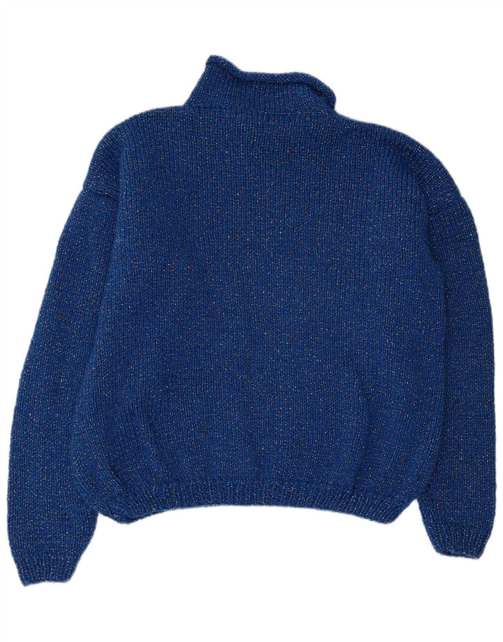 VINTAGE Womens Turtle Neck Jumper Sweater UK 14 Large Blue Colourblock