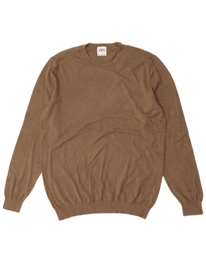 Zara Mens Crew Neck Jumper Sweater Medium Khaki Viscose