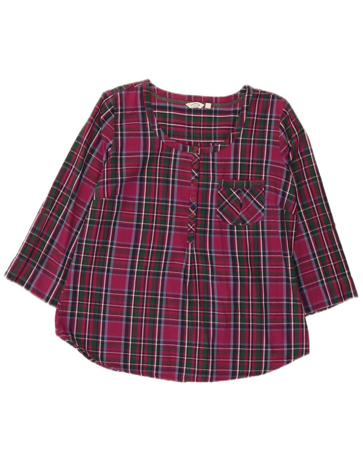 Fat Face Womens 3/4 Sleeve Pullover Shirt UK 14 Medium Maroon Check Cotton