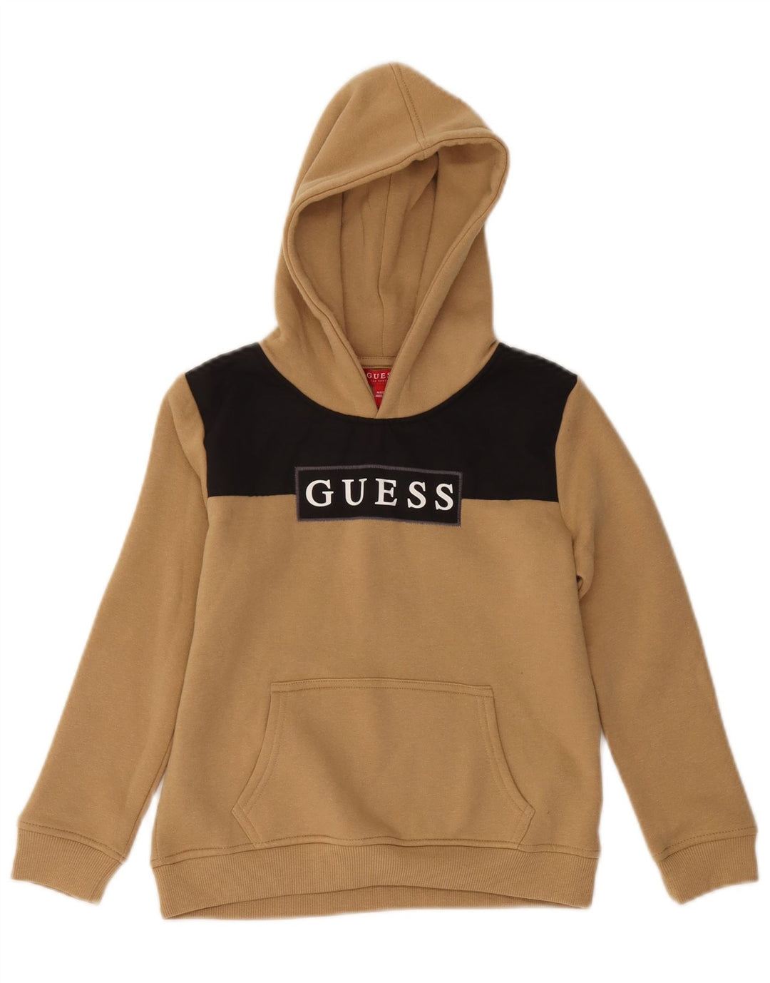 GUESS Boys Graphic Hoodie Jumper 7-8 Years Beige Colourblock Cotton