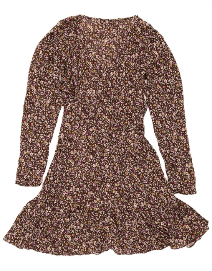 ZARA Womens Long Sleeve Wrap Dress UK 6 XS Brown Floral