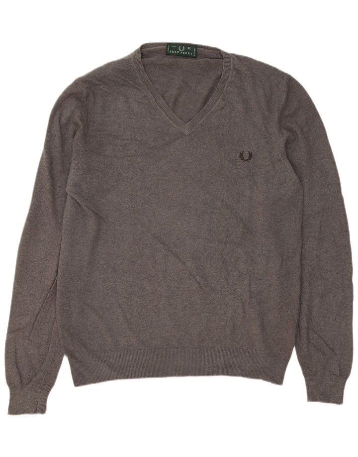 Fred Perry Mens V-Neck Jumper Sweater XL Grey Wool