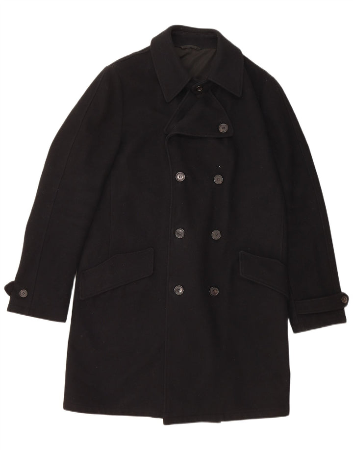HUGO BOSS Mens Double Breasted Coat UK 38 Medium Black Virgin Wool