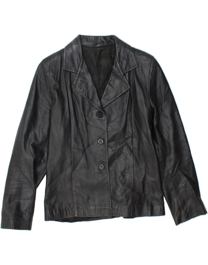 VINTAGE Womens 3 Button Leather Blazer Jacket UK 14 Medium Black Leather Vintage Vintage and Second-Hand Vintage from Messina Hembry 