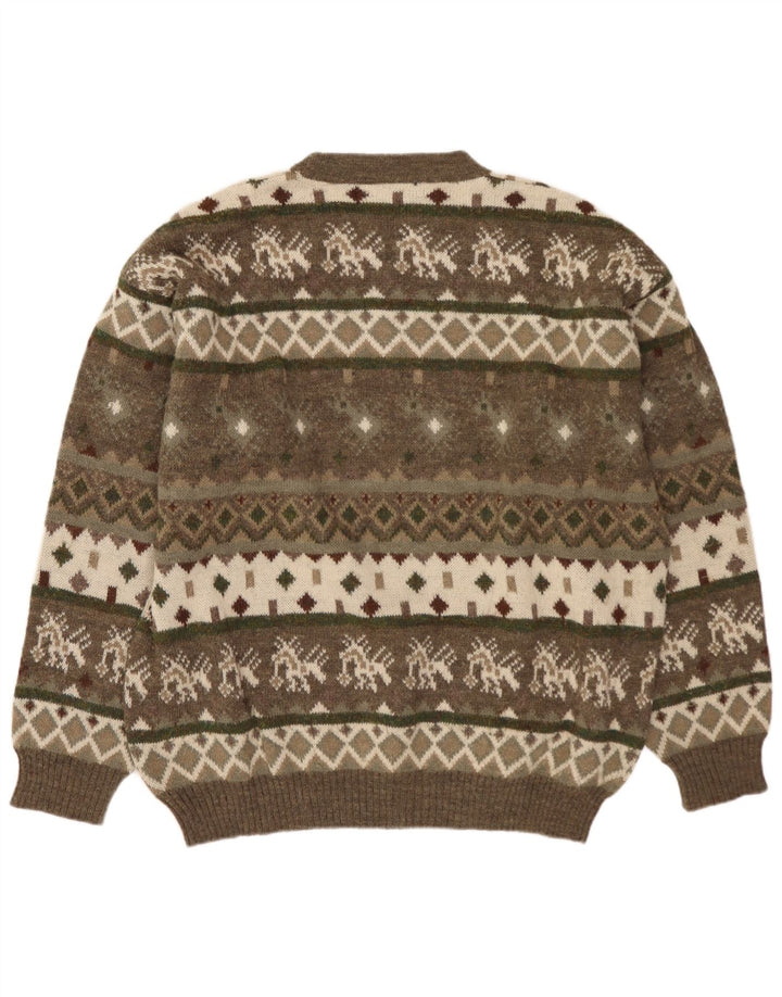 SEVRES Mens Crew Neck Jumper Sweater IT 52 Large Khaki Fair Isle Wool