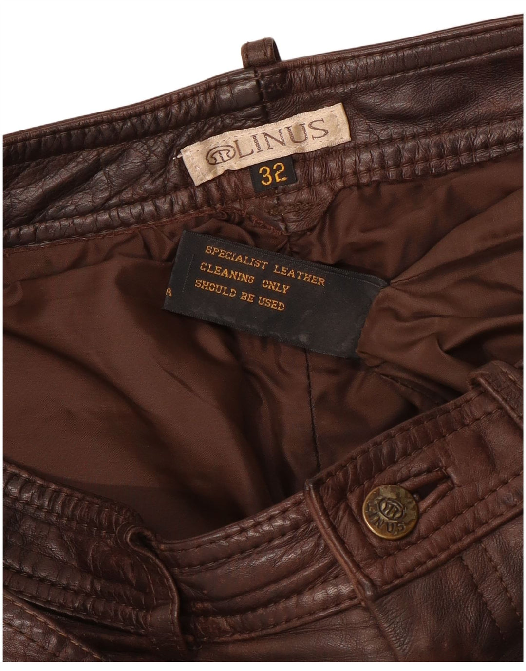 LINUS Mens Straight Leather Trousers W32 L33  Brown Leather