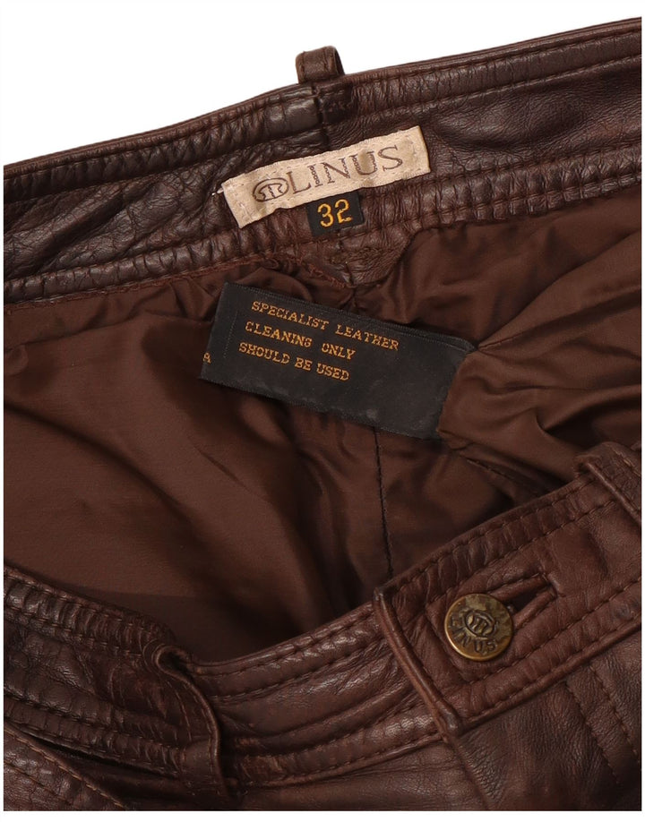 LINUS Mens Straight Leather Trousers W32 L33  Brown Leather