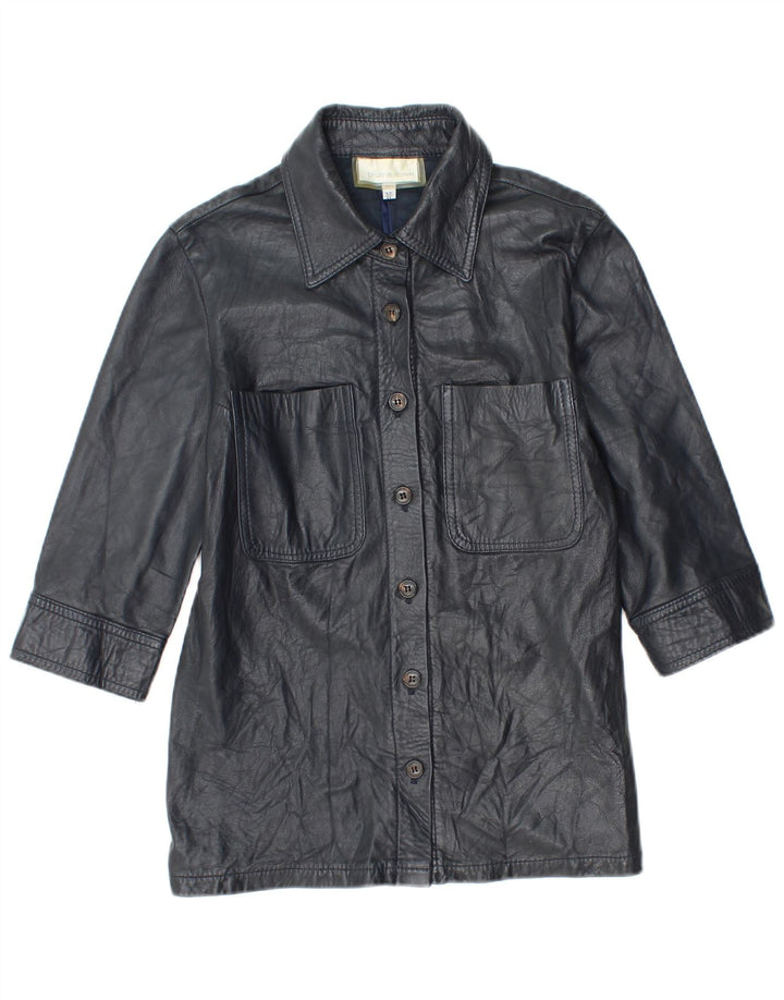 Les Copains Womens 3/4 Sleeve Leather Jacket IT 42 Medium Navy Blue Leather
