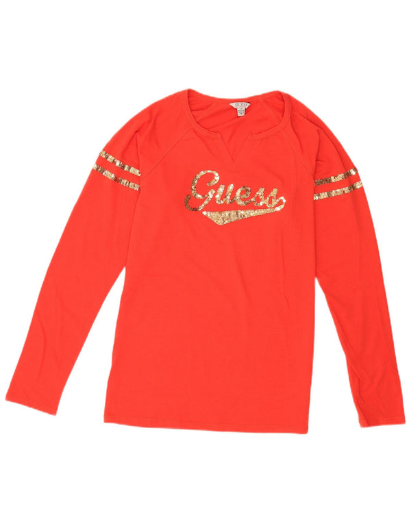 Guess Womens Graphic Top Long Sleeve UK 12 Medium Red Cotton