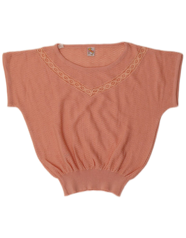 VINTAGE Womens Short Sleeve Boat Neck Jumper Sweater UK 14 Medium Pink