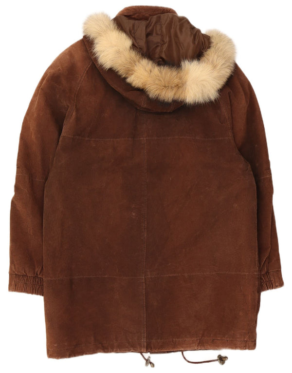 Vintage Womens Hooded Suede Overcoat UK 14 Large  Brown Leather