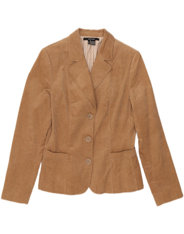 Zara Womens 3 Button Corduroy Blazer Jacket UK 14 Large Beige Cotton
