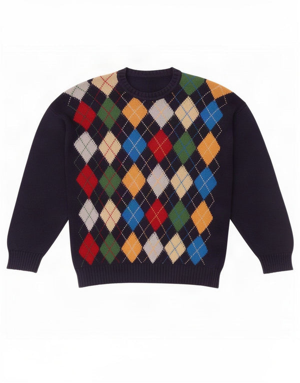 Vintage Mens Crew Neck Jumper Sweater Large Navy Blue Argyle/Diamond Cotton