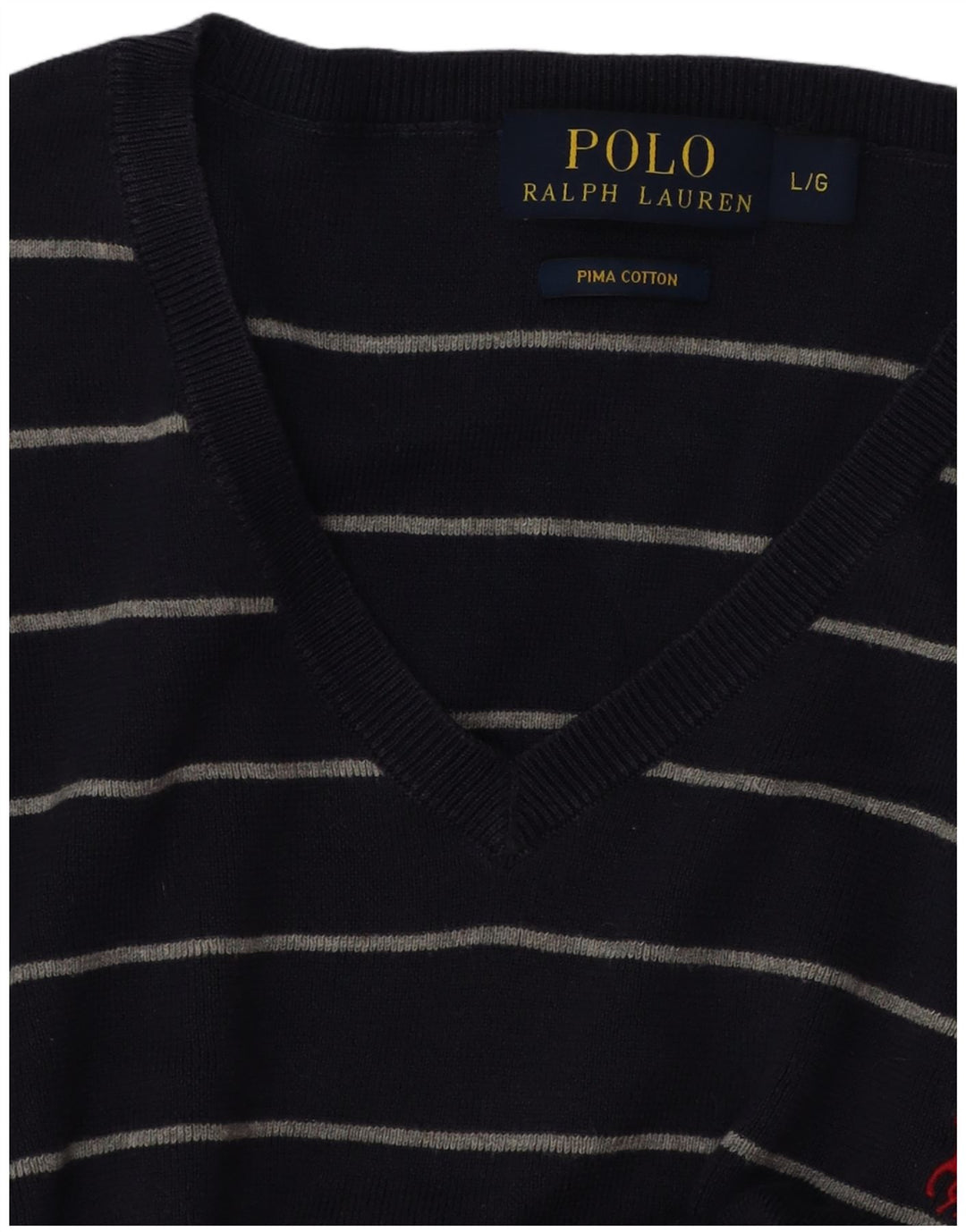POLO RALPH LAUREN Mens V-Neck Jumper Sweater Large Navy Blue Striped